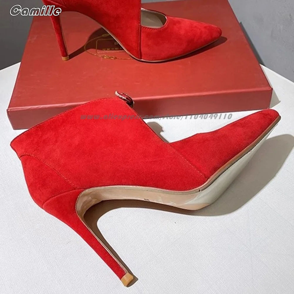 Rote Wildleder-Schnallenriemen, sexy Damen-High-Heels, spitze Zehen, Größe 34–39, Laufsteg-Stil, Grace-Pumps, 10 cm Absatz, ein Wort, Gürtel, High Heels