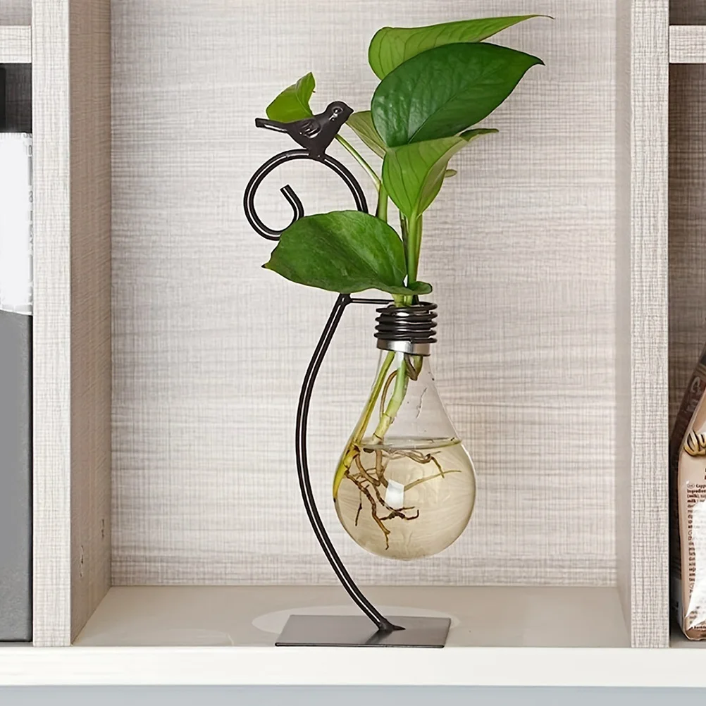 

Glass Flower Vase with Metal Stand Modern Geometric Desktop Planter Hydroponic Flower Arrangement Decorative Home Garden Vase