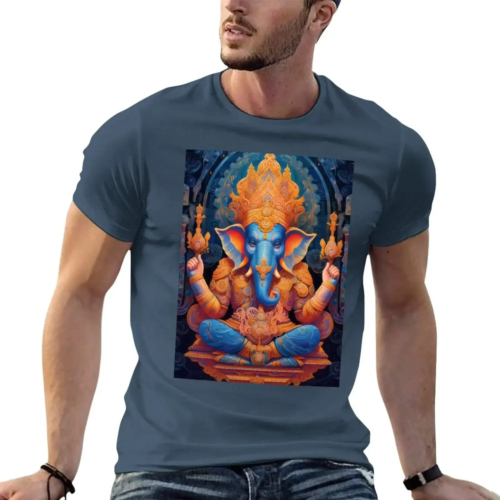 Divine Vigor: Geometric Digital Painting of Ganesh Art Print T-Shirt summer top summer tops men graphic t shirts