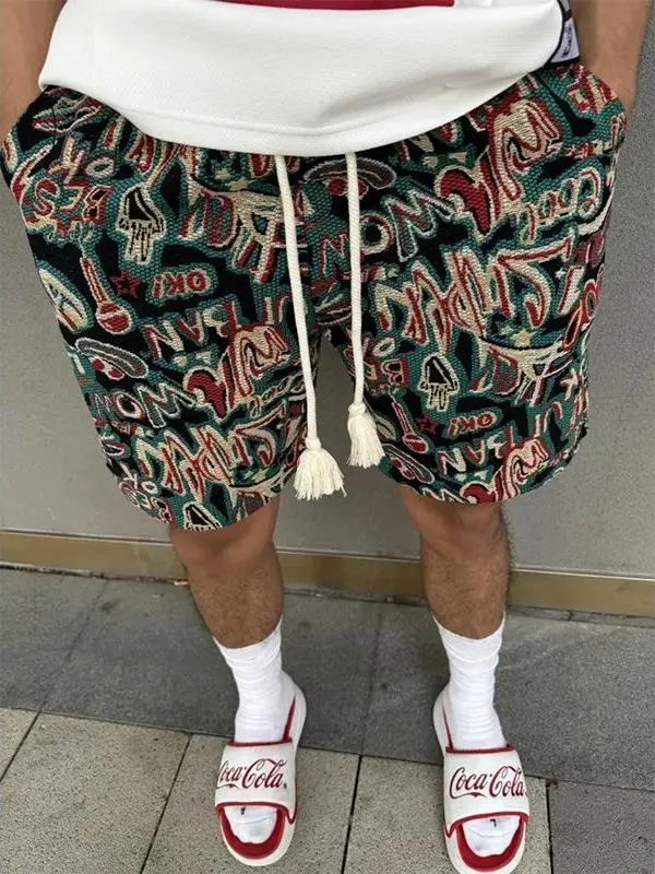 

Faionable fiti Print Men's orts Summer New Arrival Beachwear Dstring Five-Quarter Length Urban Sle Stand Waist