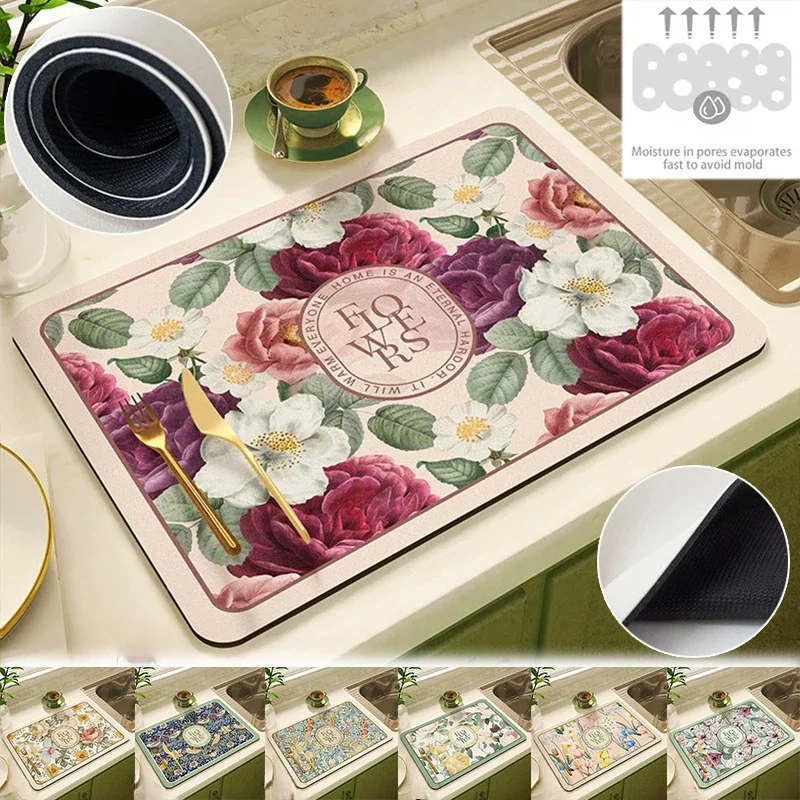 

Vintage Flower Kitchen Dish Drying Mat Super Absorbent Coffee Drain Pad Waterproof Tableware Quick Dry Kitchen Dinnerware Mat