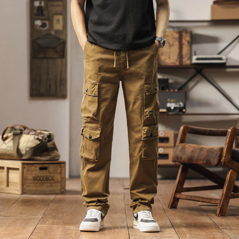 Summer men's retro work pants washed pure cotton multi bag straight tube solid color ankle tied casual pants
