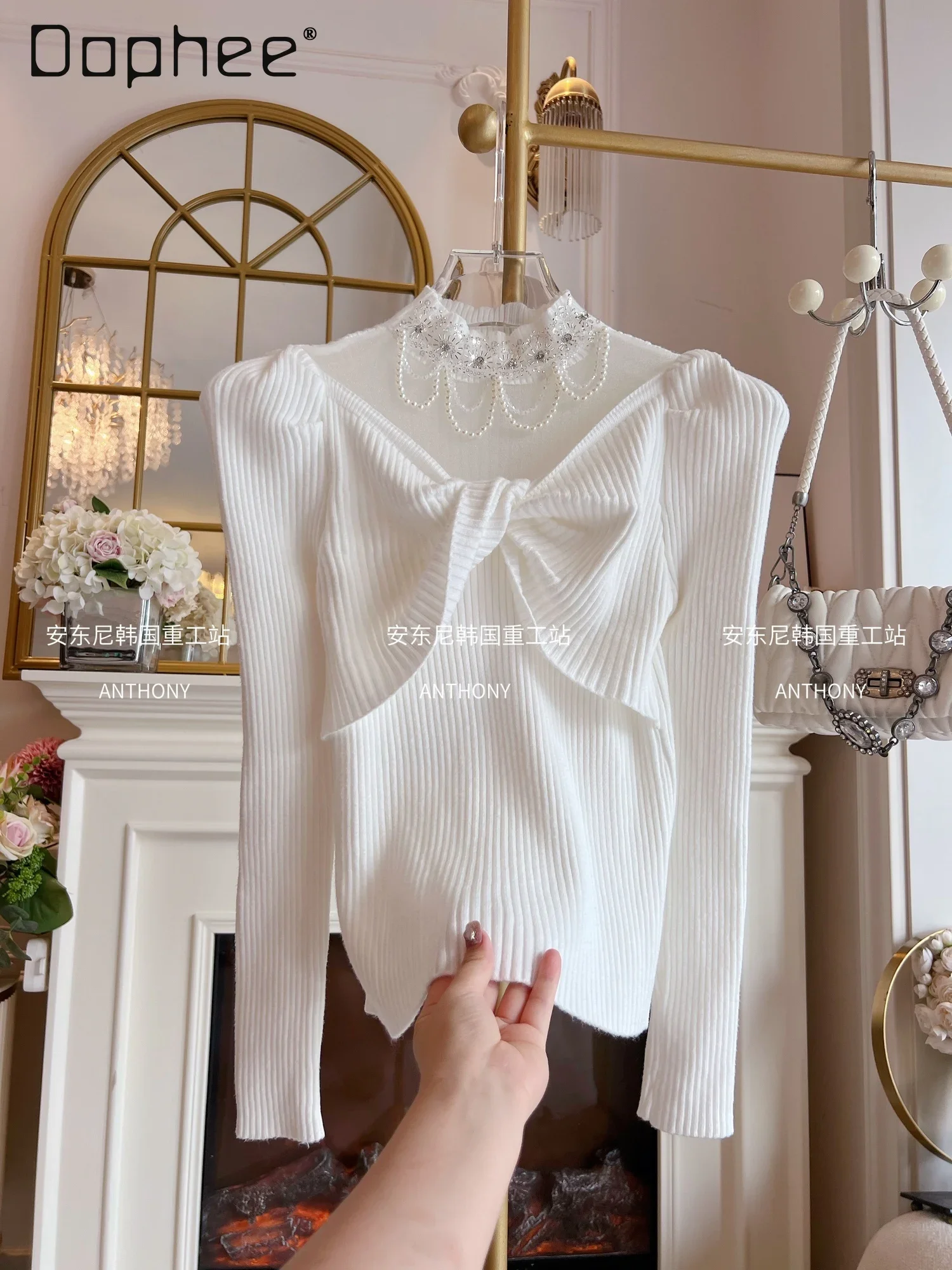 Sweet Beading Knitted Pullovers for Women Clothing Mesh Patchwork Long Puff Sleeve Temperament Sweater Bottoming Shirt