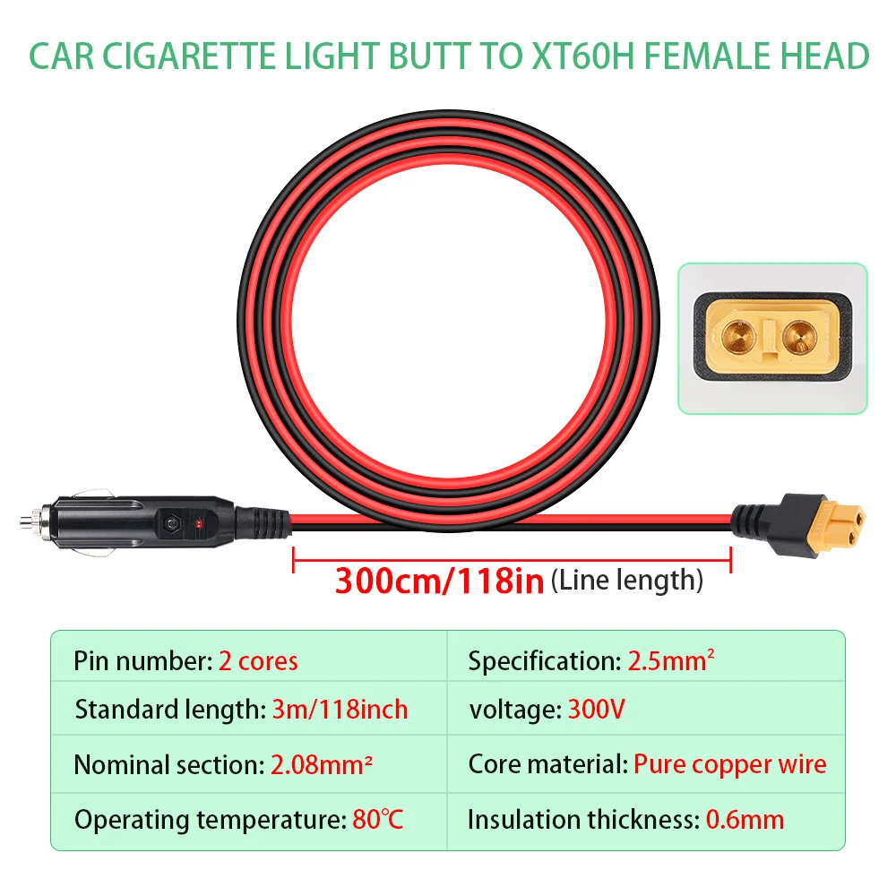 XT60 Female to Cigarette Lighter Socket Plug 12V 24V Charging Cable 10FT 14AWG