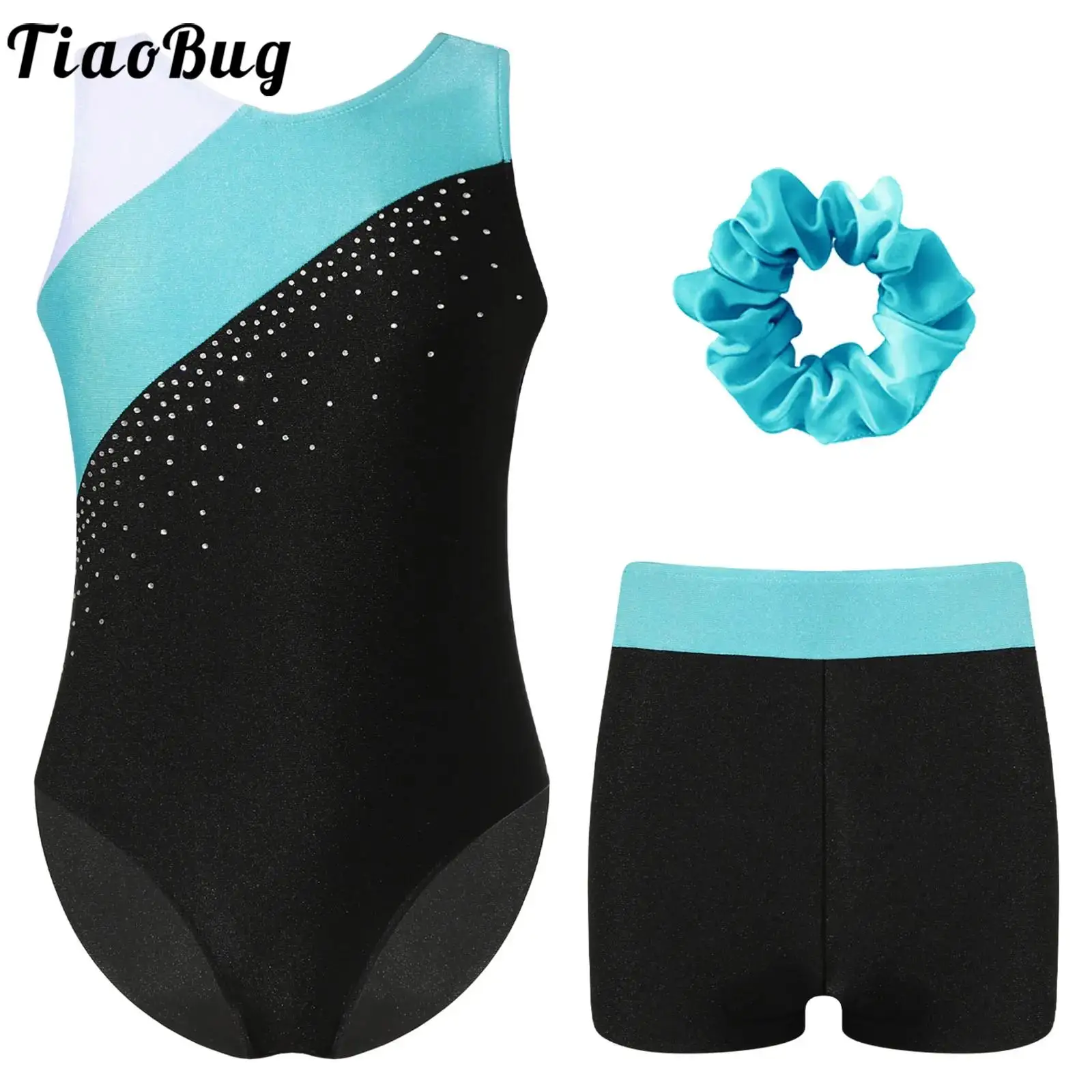 

Kids Girls Gymnastics Dance Leotard Set Shiny Rhinestone Ballet Dance Leotards Bodysuit with Shorts Outfits Jumpsuit Dancewear