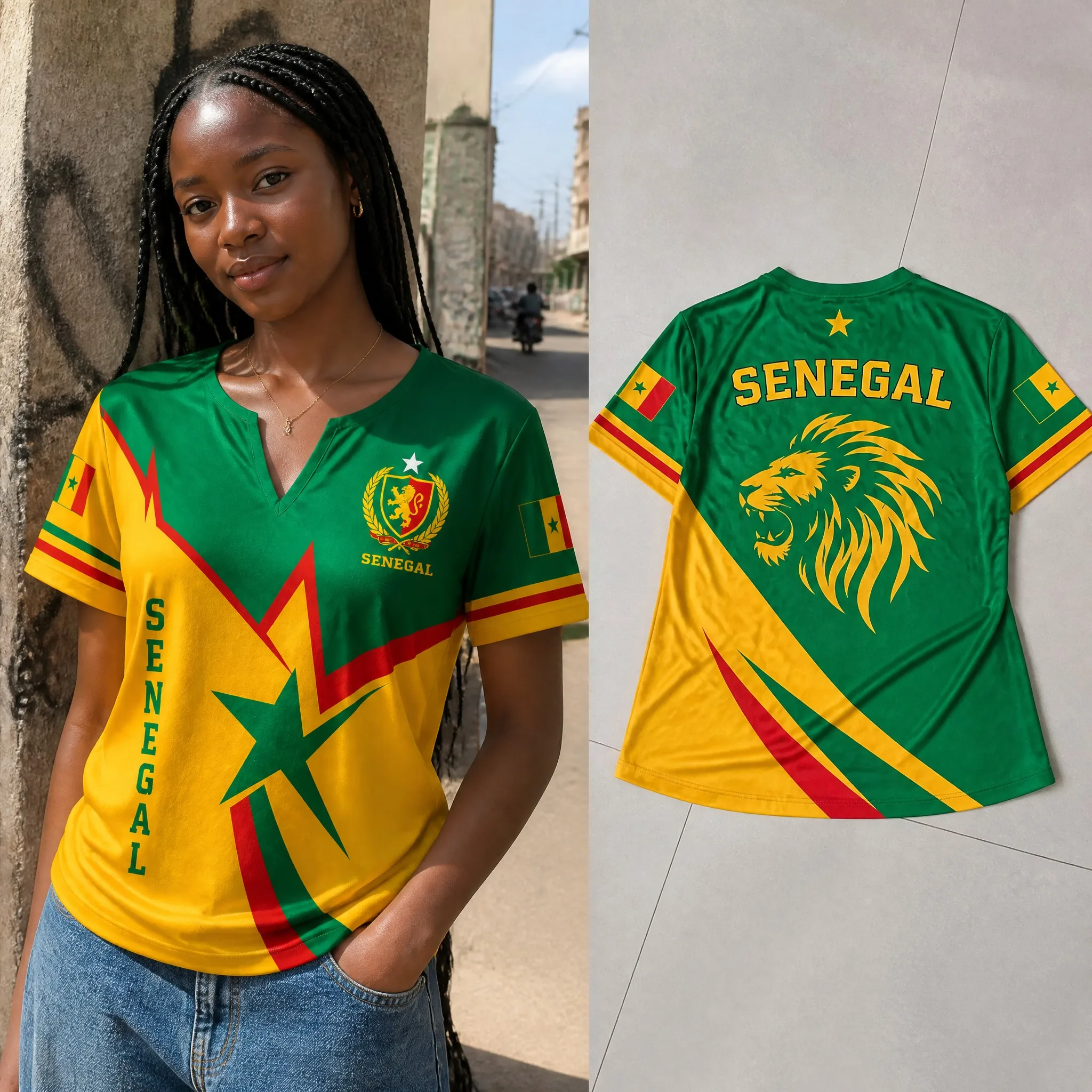Womens Senegal Small V Neck T Shirt Green Crest Tree Sunset Print Short Sleeve Summer Casual Heritage Daily Streetwear Top Style