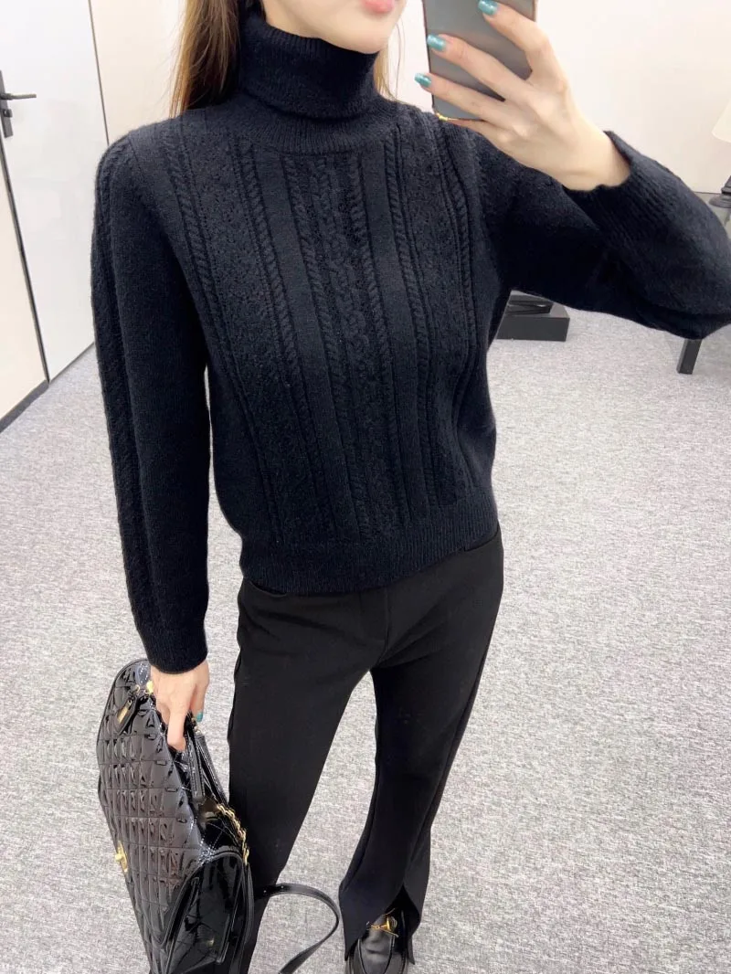 2024 Autumn/Winter New Women's Sweater Fashion Exquisite Age Reducing Tie High Collar Hollow Wool Knitted Hoodie