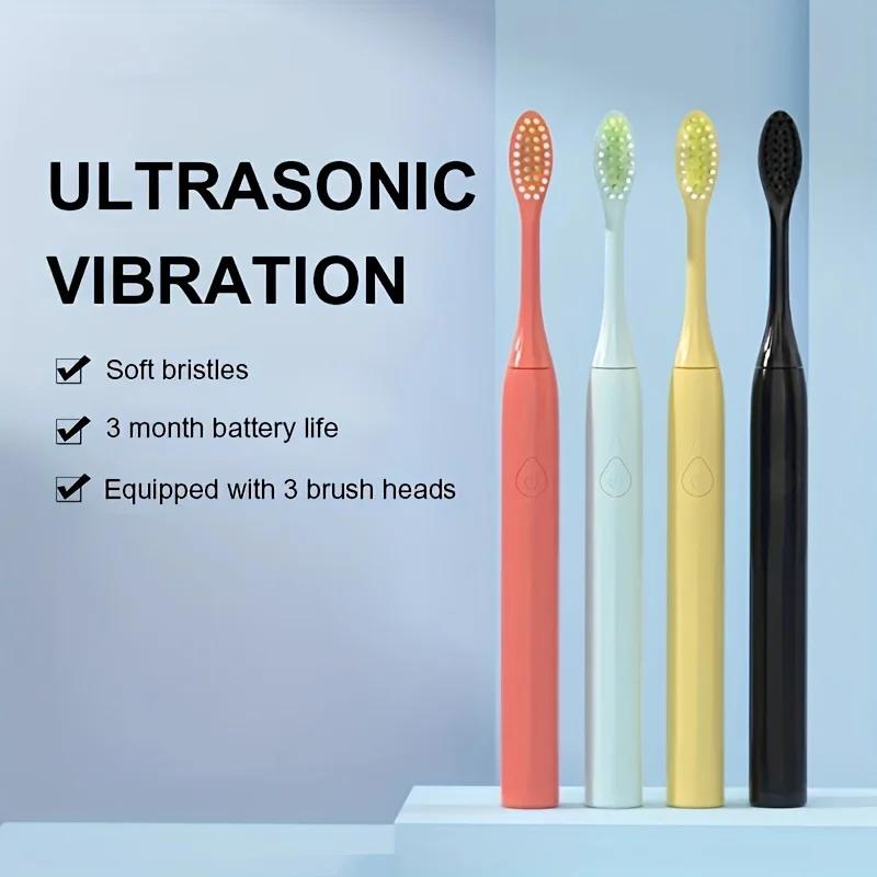 Six Colors Ultrasonic Toothbrush Soft Bristles Gum Care 3 Brush Heads Replaceable