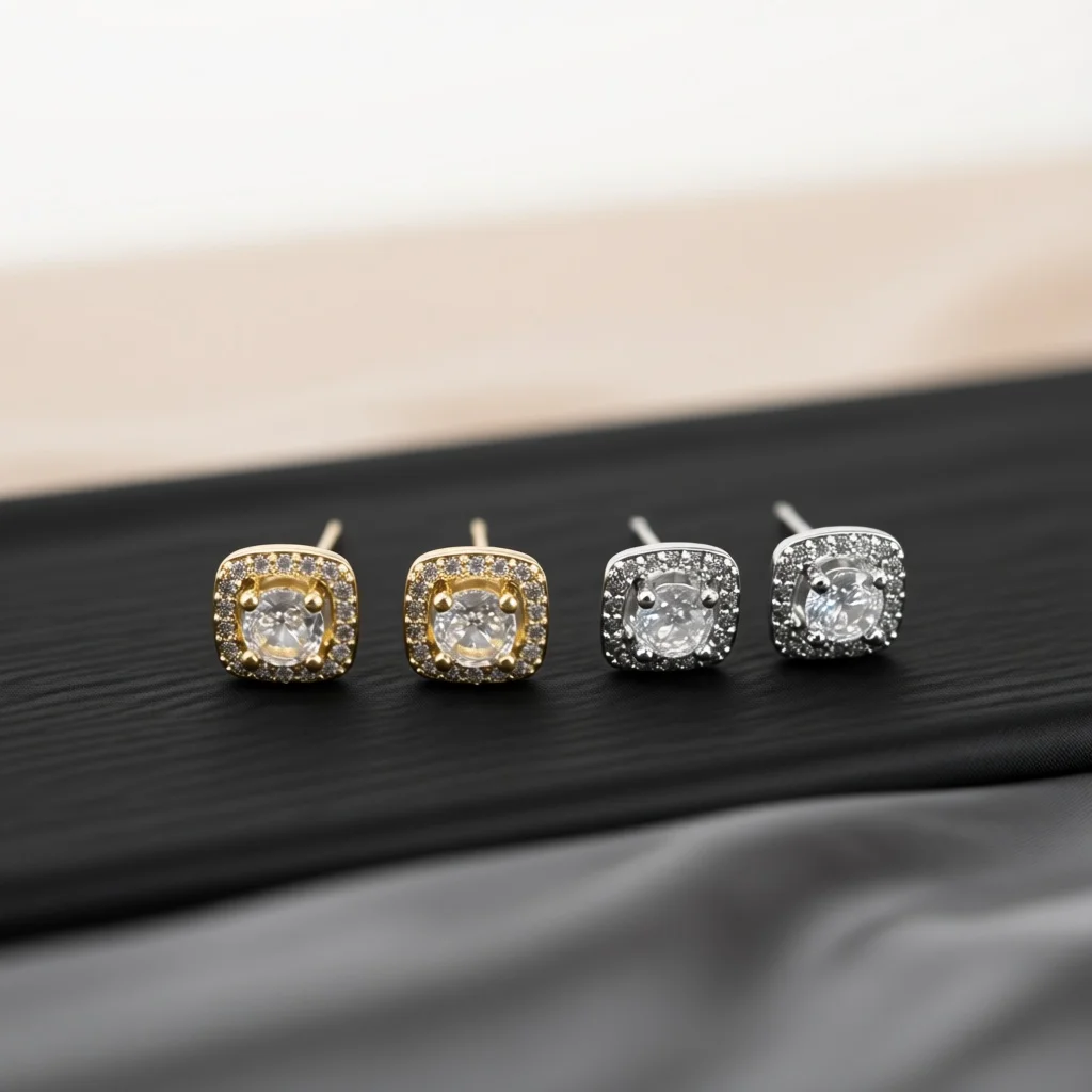 Square Halo Design Stud Earrings Brilliant Faceted Center Stone Polished Metal Craft Anniversary Proposal Gifts For Ladies