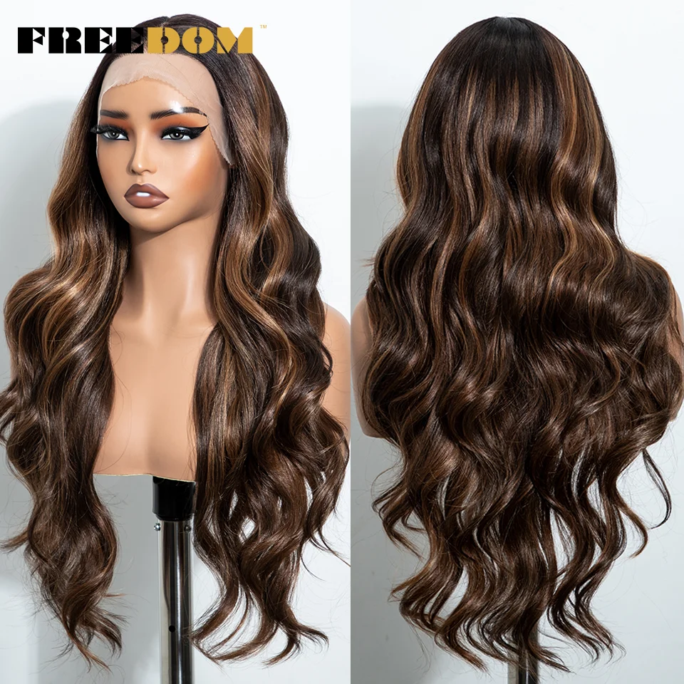 FREEDOM 13x4 Synthetische Lace-Front-Perücken für Damen, 26 Zoll, Body Wave, mit freiem Scheitel, natürliche, vorgezupfte Lace-Front-Perücke für den täglichen Gebrauch – Detail 5