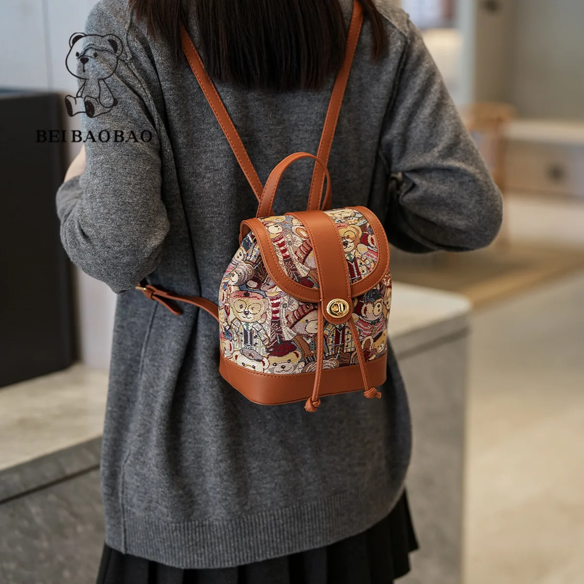 Beibaobao 2024 New Backpack Women's Cartoon Printed Student Backpack Large Capacity Contrast Canvas Travel Bag Handbag