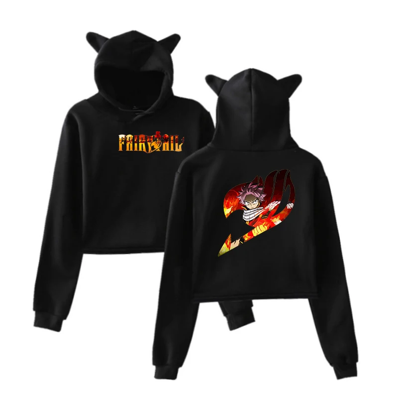 Fairy Tail Short Cropped Hoodies Women Sweatshirt Cat ears Anime Sweatshirt Girl hoodie Crop Top Hooded  Female Clothes pullover