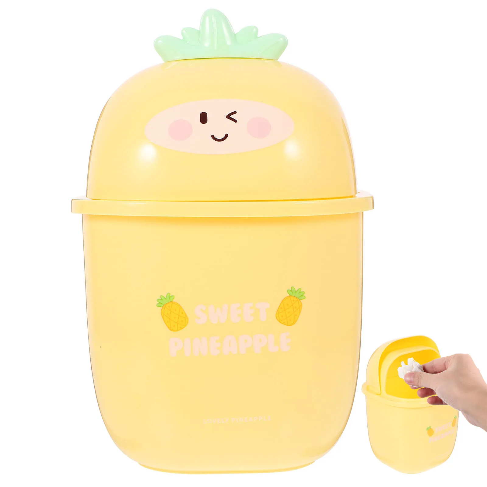 

1pc Pineapple Trash Small Small Trash Can For Desk Bin Cute Desktop Kitchen Waste Basket Plastic Lid Home Office Yellow