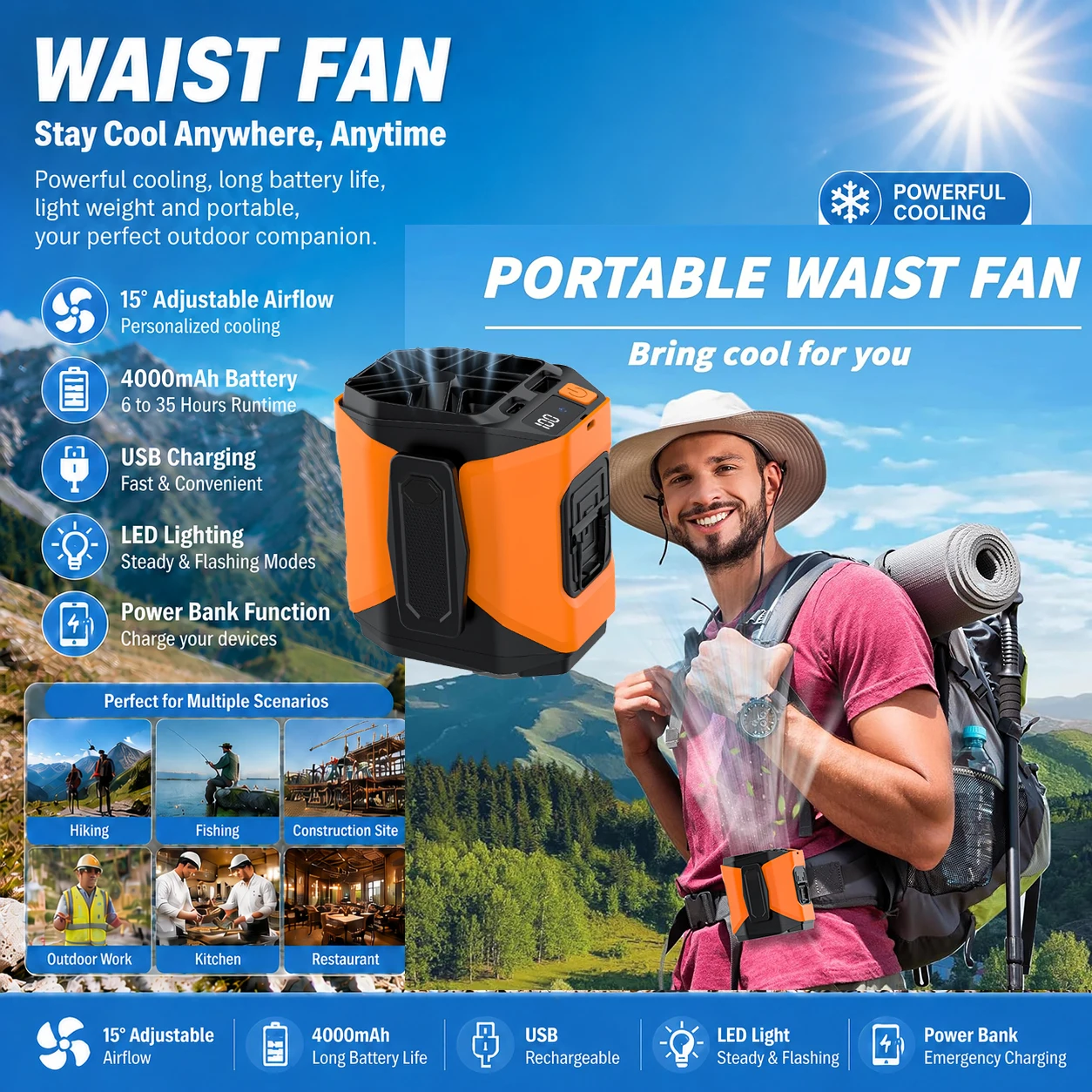 Strong Wind Multi-Speed Waist Fan Hanging Neck Fan Strong Wind USB Rechargeable Portable Fan for Outdoor Working Climbing Hiking