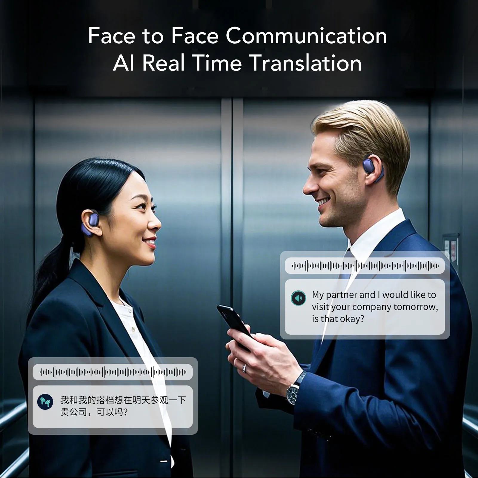 سماعات أذن للترجمة الذكية 134 لغة في الوقت الحقيقي، سماعات أذن بخطاف بلوتوث، سماعات أذن للترجمة اللاسلكية
