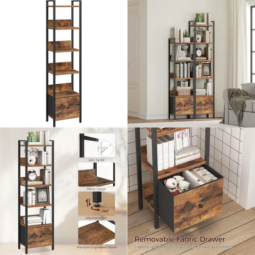 

bookshelf, 6-tier bookcase with drawer, small book shelf for small space, storage shelf organizer, for living room, bedroom, stu