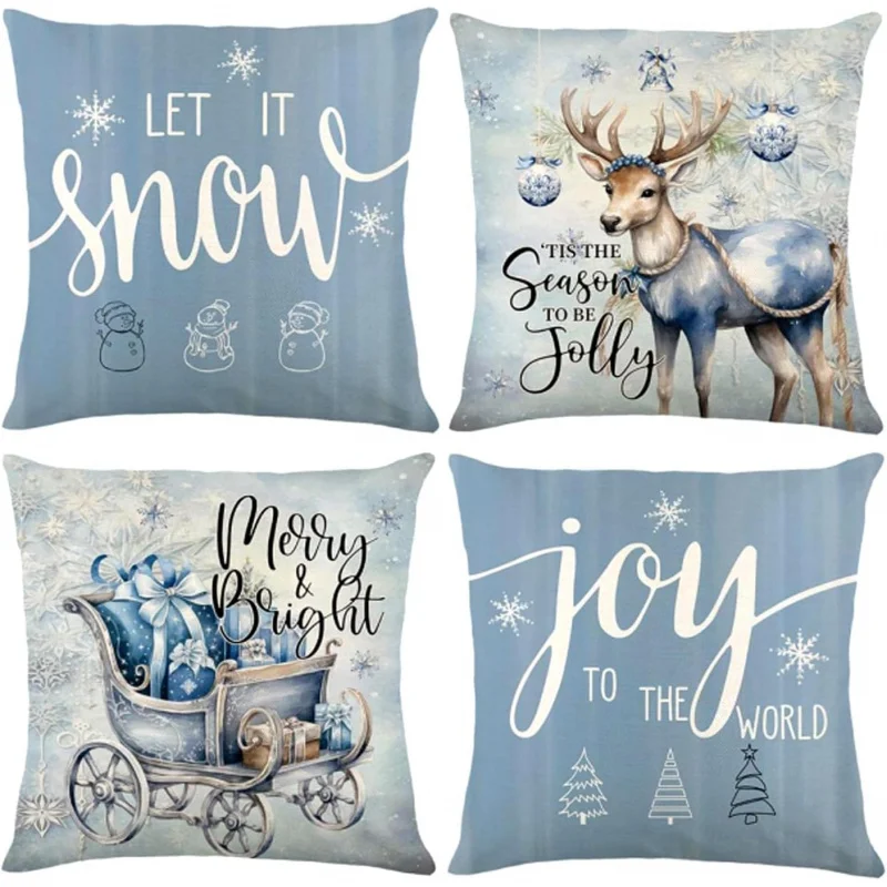 Christmas Pillow Covers 18x18 Reindeer Santa Sleigh Blue Xmas Decorations Winter Holiday Set of 4 for Home Sofa Couch