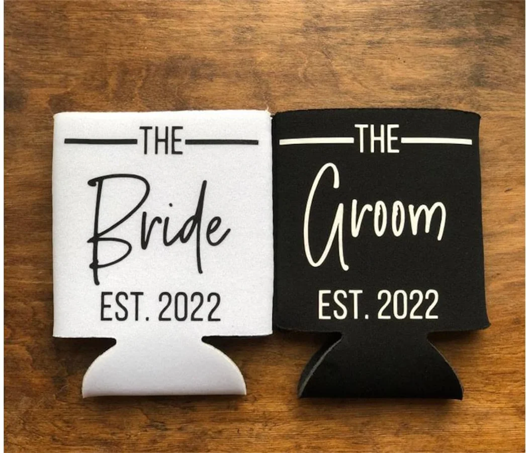 Bride and Groom Couple Can Coolers, Newly Married or Engaged Wedding Gift, Matching His and Hers Beer Hugger