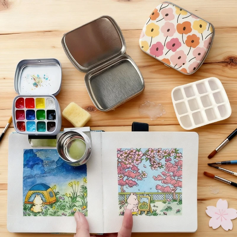 Mini Travel Watercolor Paint Box Sturdy Durable Well-sealed for Outdoor Sketching Travel Records Color Matching Painting