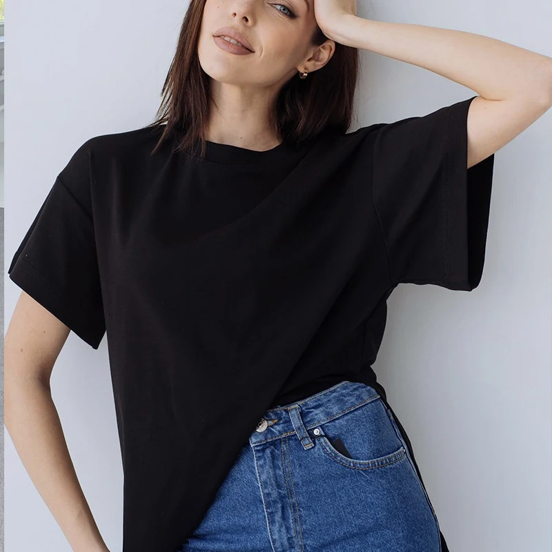 Hirsionsan Summer Oversized Cotton T Shirt Women New Loose Solid Split Tees Casual Basic Tshirt Short Sleeves Female Tops