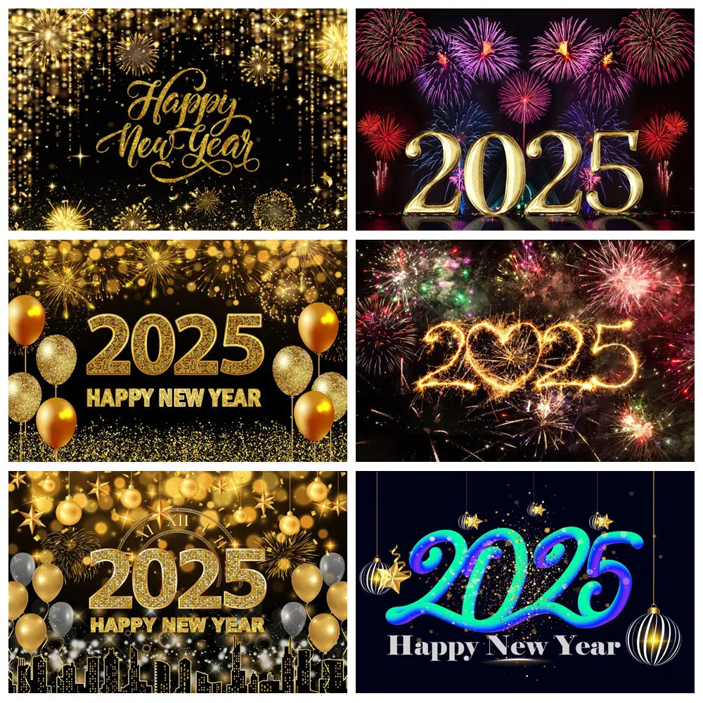 

2025 Happy New Year Backdrop For Photography Fireworks Glass Champagne Family Celebrate Party Decor Background Photo Studio Prop