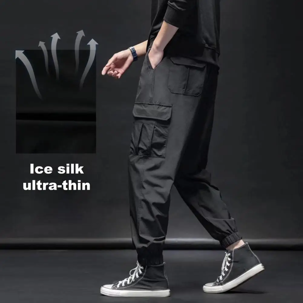 

Reinforced Pocket Seams Men's Loose Fit Cargo Pants with Drawstring Waist Ankle Bands Solid Color Plus Size Trousers for Fitness