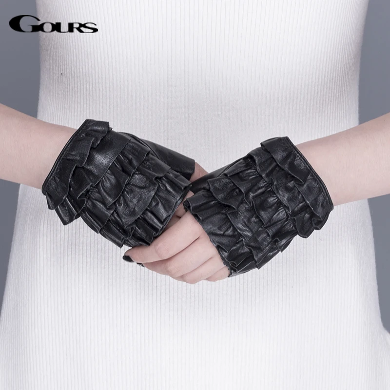 GOURS Winter Real Leather Gloves Women Black Genuine Goatskin Fingerless Gloves Unlined Driving Gym Fitness Gloves New GSL061