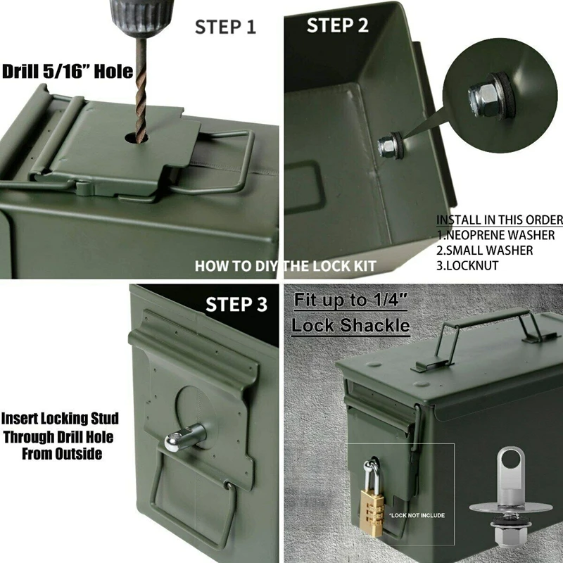 50 Cal Ammo Box Can Steel Gun Lock Hardware Kit Ammunition Gun Safe Box Gun Safe Case Bolt Set 40mm Pistol Bullet Storage