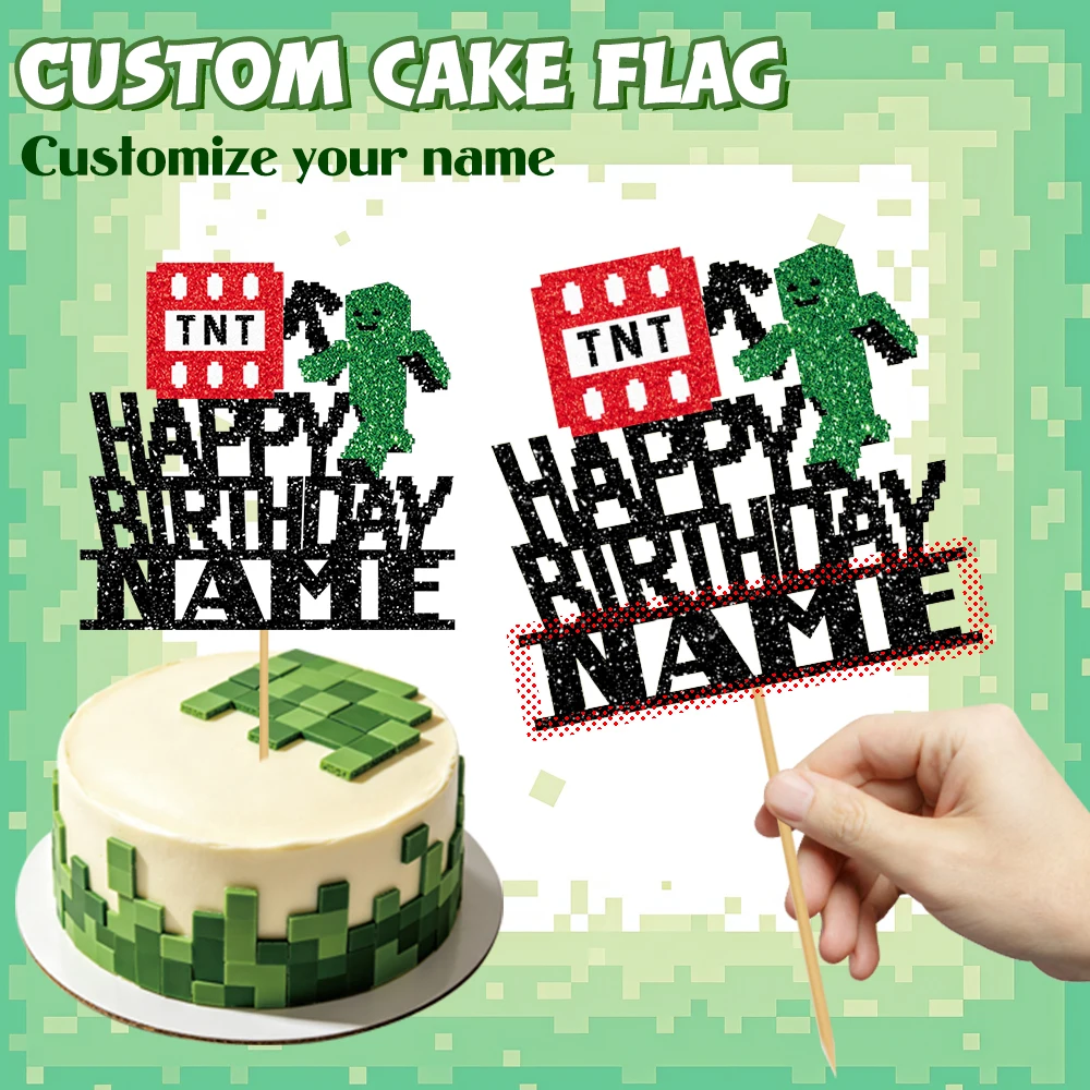 1/3/6 peças de decoração de bolo com glitter do jogo Minecraft - design de nome personalizado - adequado para festas de aniversário, encontros de fãs