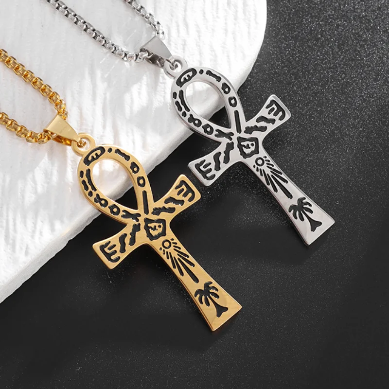 Ancient Egyptian Carved Hieroglyphics Cross Pendant Stainless Steel Ankh Necklace Men's and Women's Jewelry Accessories