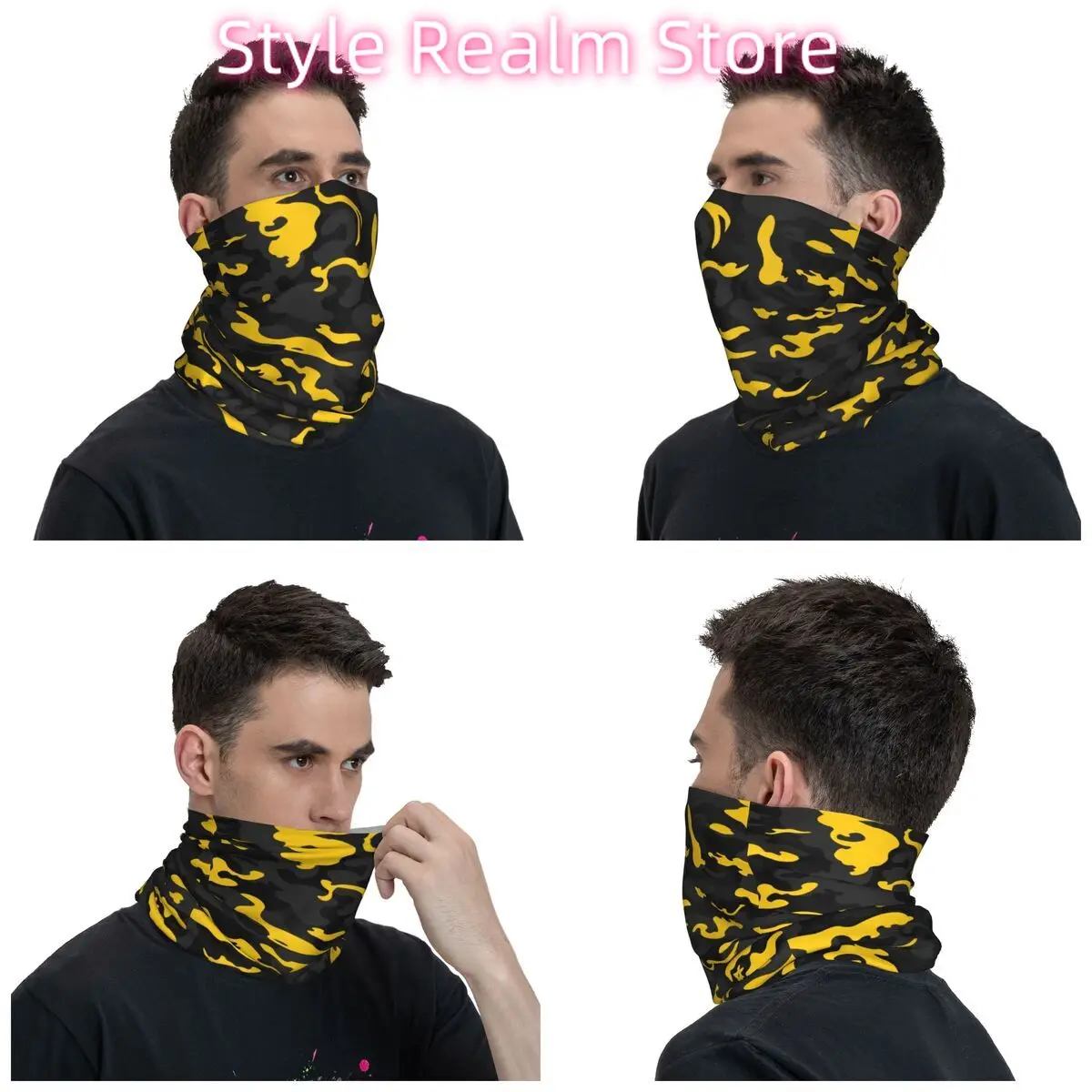 Camo Style Black And Yellow Camouflage Bandana Neck Gaiter for Hiking Running Women Men Wrap Scarf Headband Warmer view 2