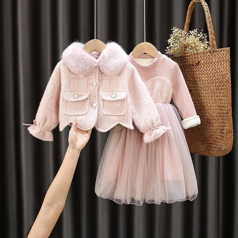 Thick Party Pink Coat+Plus Velvet Sundress 2PCS Kids Winter Warm Princess Clothes Set Toddler Girls Children Elegant Jackets Sui