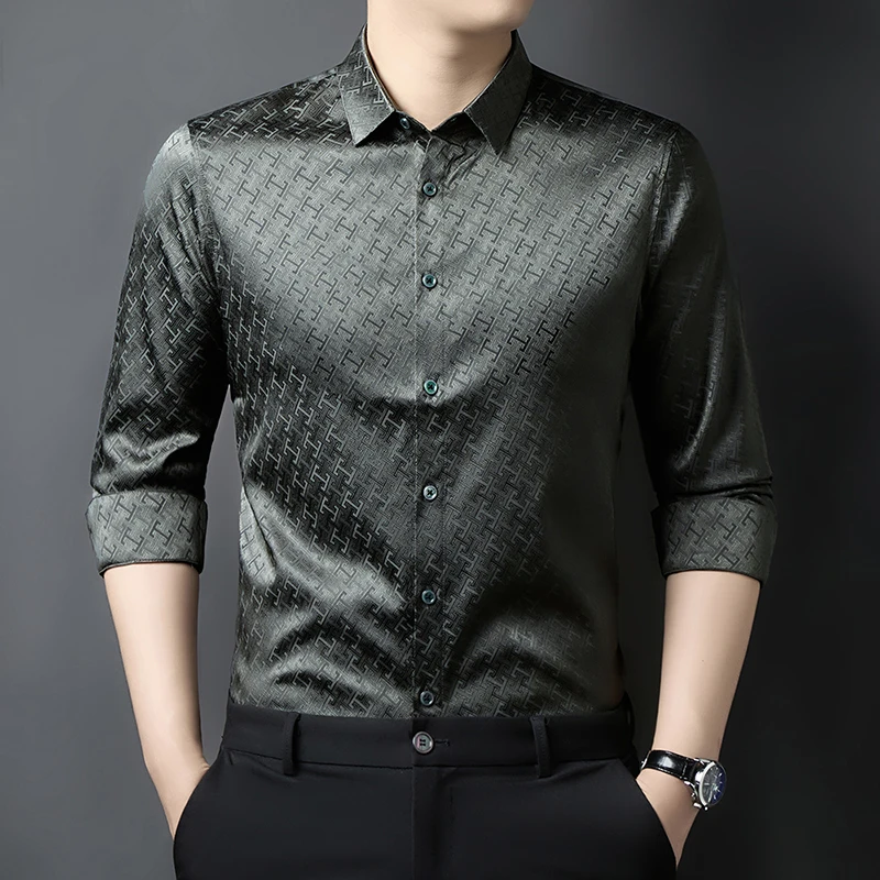 

Lightweight Smooth Silk Shirts For Men Long Sleeve Coolness Print Summer Quality Skin-Friendly Casual Boutique Camisas De Hombre