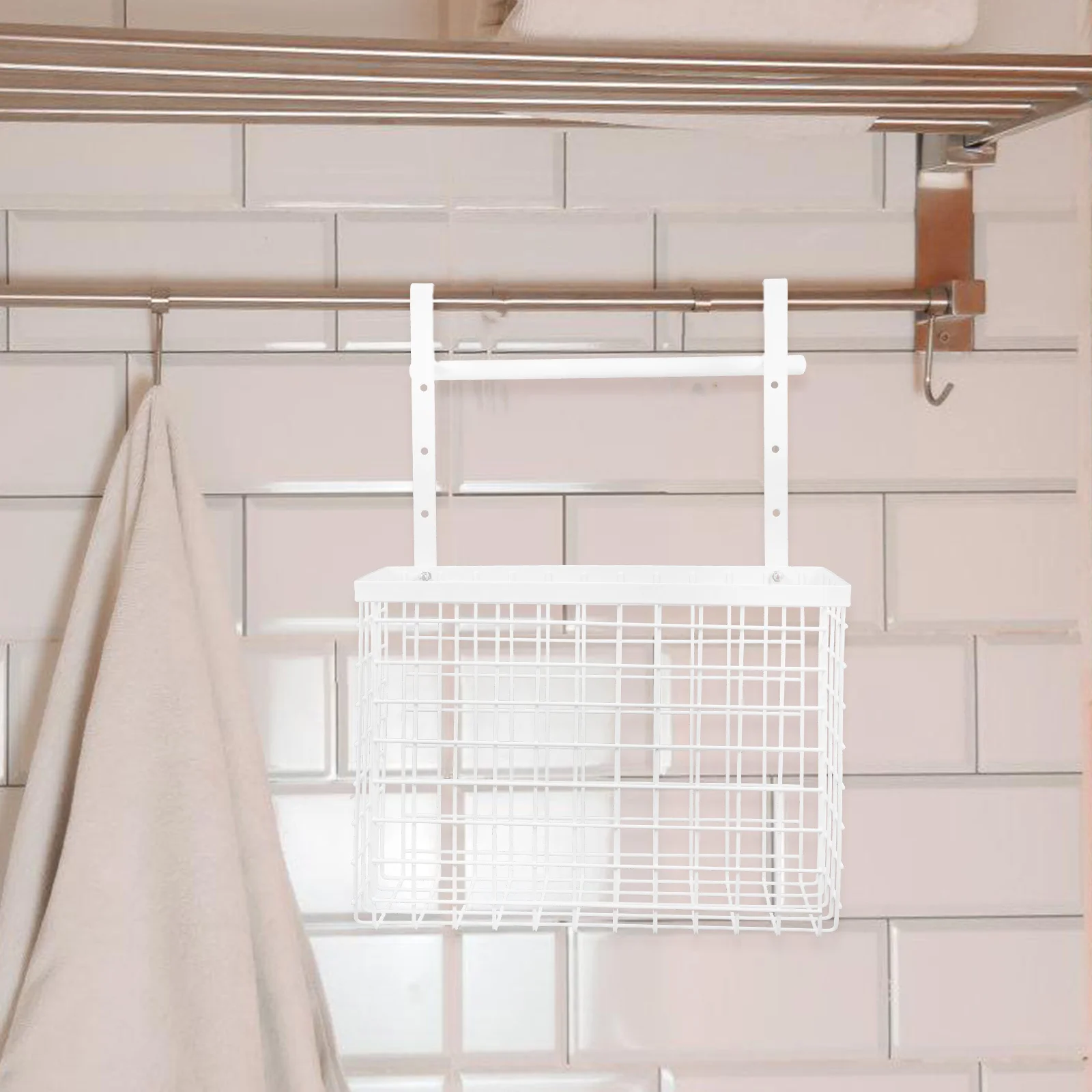 

Cabinet Door Storage Basket Stainless Steel Over Cabinet Organizer Towel Bar Kitchen Bathroom Grid Wall Shelves White