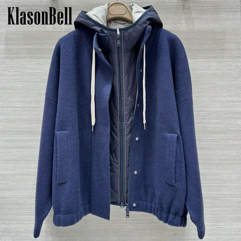 9.1 KlasonBell Women Stand Collar Drawstring Decoration Double Pocket Elastic Hem Cashmere Wool Knit Zipper Cardigan With Vest