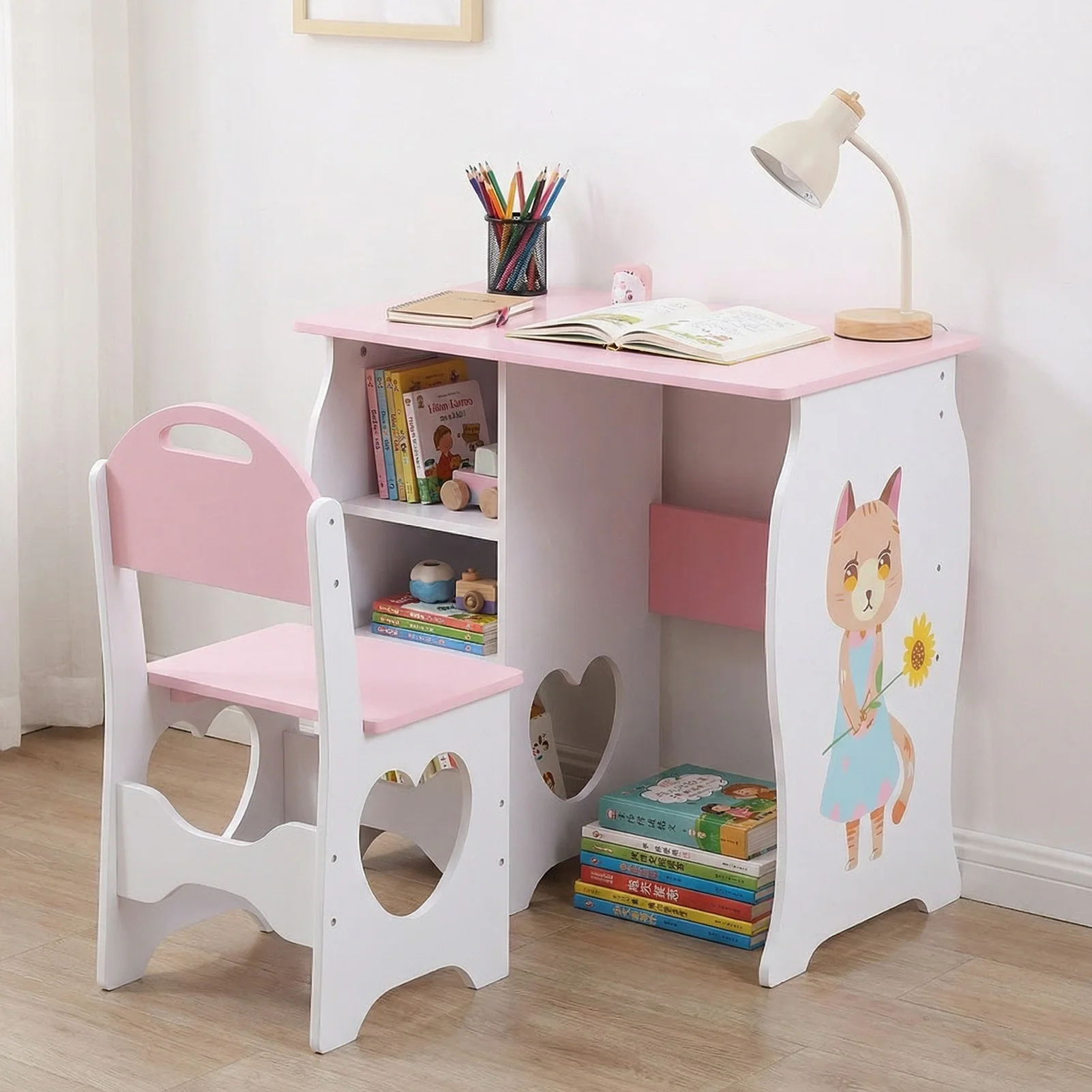 Kids Desk and Chair Set Children Study Desk with Storage Shelf Wooden Study Table and Chair for Home School Use Kids Study Desk view 6
