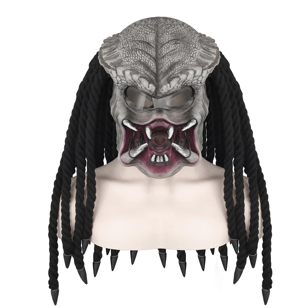 

Predator Mask with Polyester Weaving Braids Horrific Monster Latex Headgear Halloween Costume Party Cosplay Prop