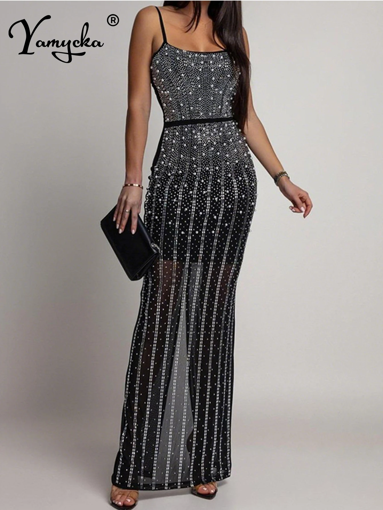 

Sexy backless rhinestone summer dress women elegant long party dresses for woman black see through mesh birthday dress vestidos