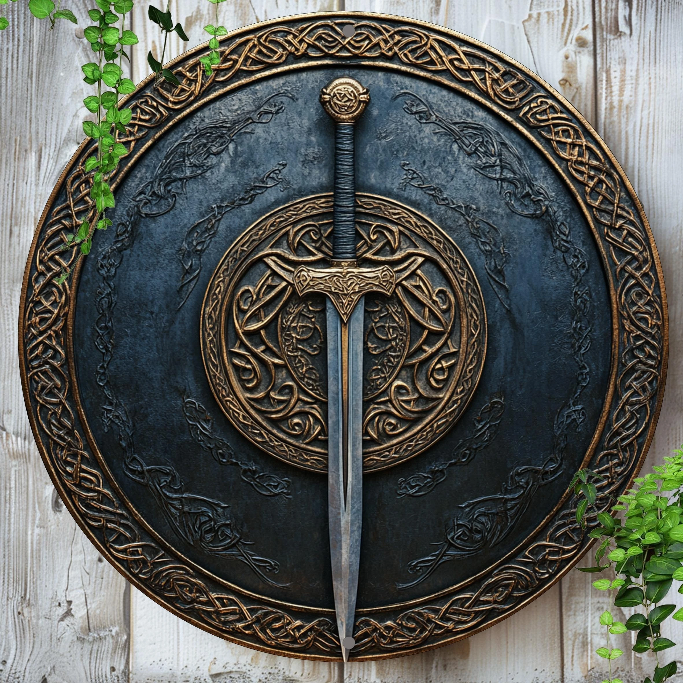 1 Piece 2D Sword Pattern Wooden Disc Sign Design 8 inch Suitable for Home Cafe Bar Garden Decoration Wall Plaque Indoor view 2