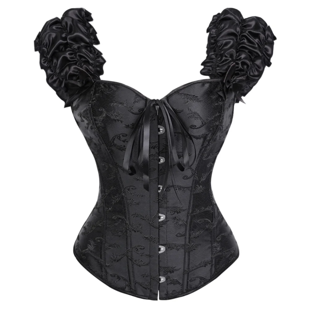 Corset sur le buste pour femmes, manches bouffantes, motif jacquard, nœud à l’avant, fermeture à l’arrière, laçage, renforts en tulle, ceinture ajustée, style victorien, idéal pour les mariages et les soirées.