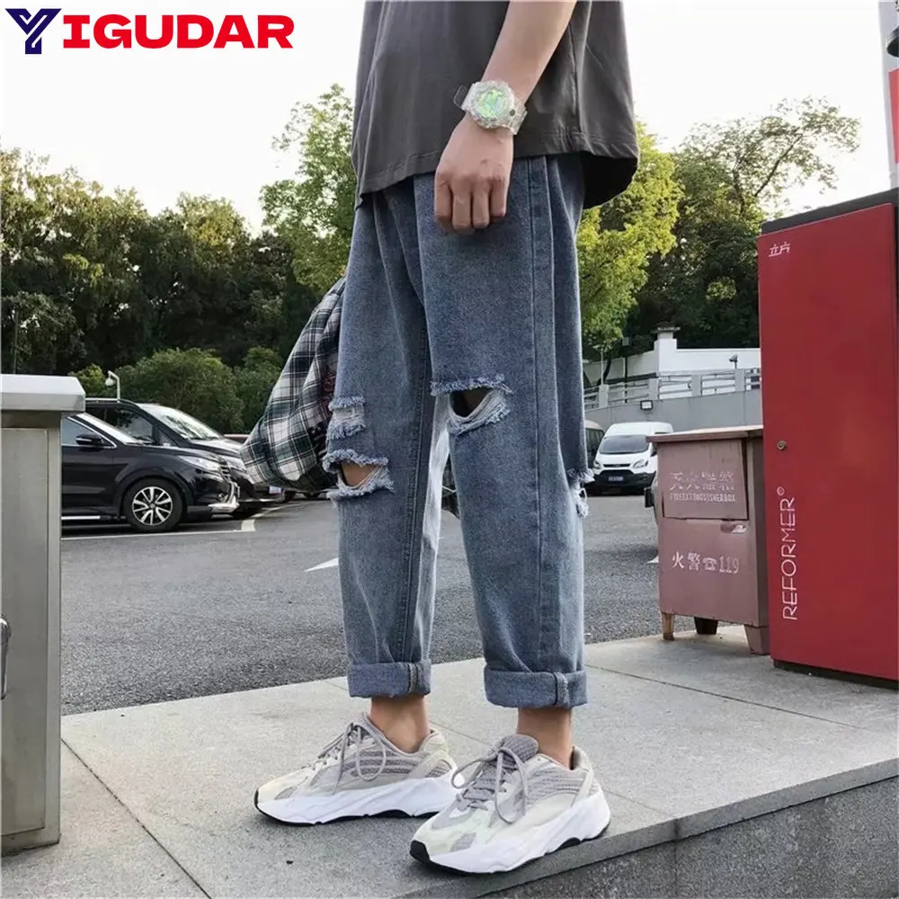 Nieuwe Aankomst Lente Zomer Kniegat Mannen Cowboy Hiphop Streetwear Denim Skinny Jeans Mannen Kleding Voor Tiener Potlood Broek