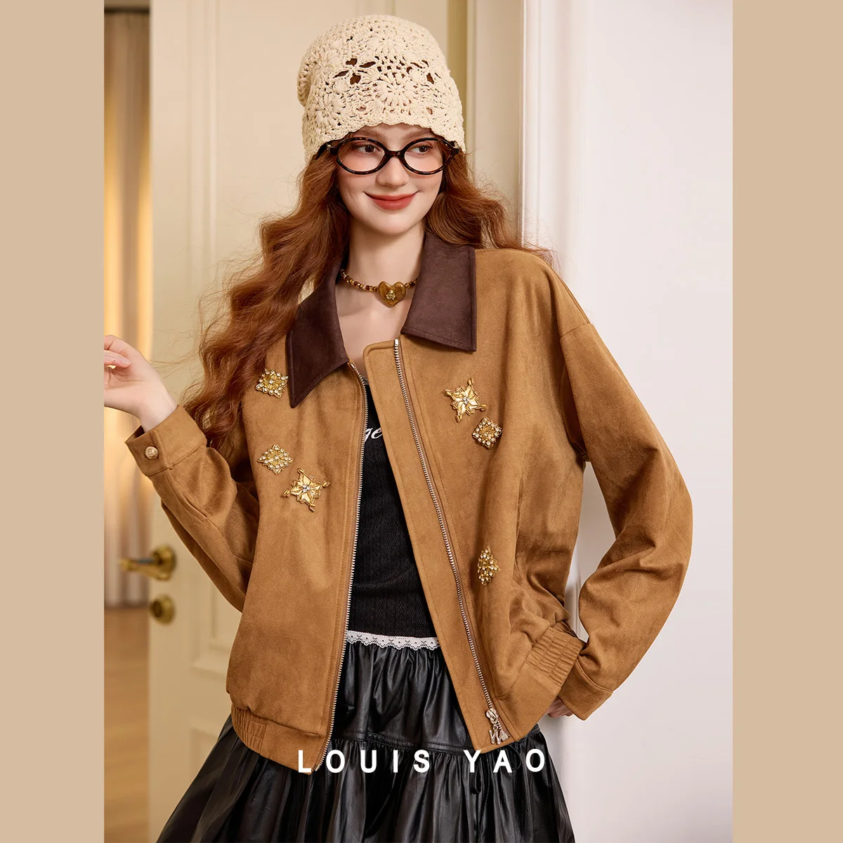 LOUIS YAO Retro Color-Block Women's Jacket 2025 Autumn/Winter Casual Tops Edgy Relaxed-Fit Loose Lapel Outerwear for Women