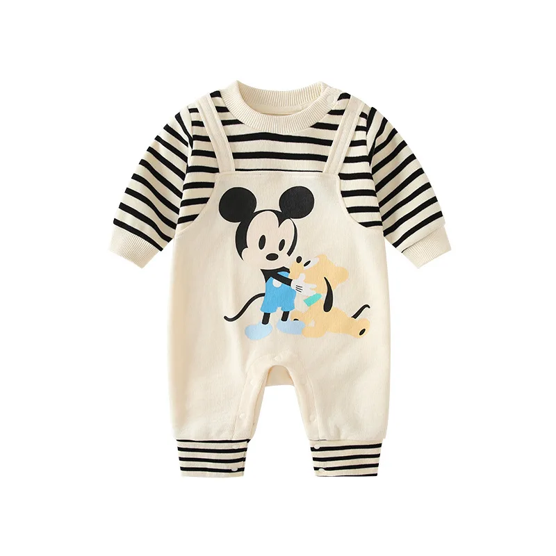 

MINISO Mickey Mouse Baby Boy Spring Onesie Strap Crawling Clothes Soft Cotton Cute Long Sleeve 0-1 Years Bodysuit Infant Outwear