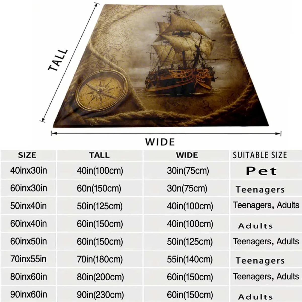 Vintage Pirate Map Sailing Ship Throw Blanket Nautical Ocean Adventure Decor Cozy Gift for Home