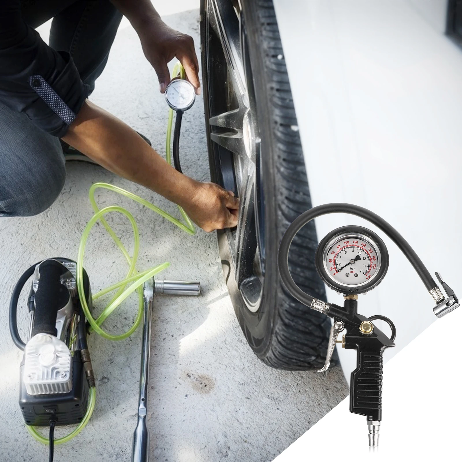 

Tire Pressure Gauge With Heavy Duty Leak-Proof Hose Pressure Reducer Car Tire Inflator Fuel Saving Durable Metal