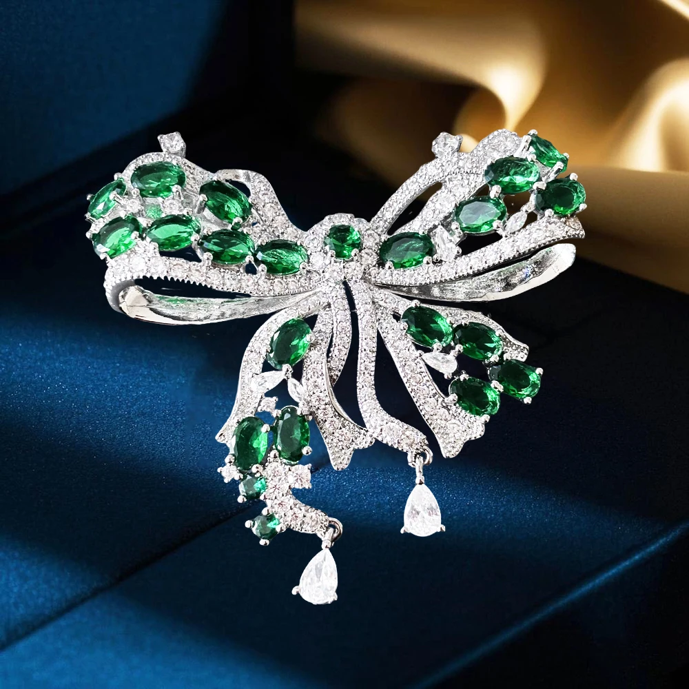 OKILY Luxury Green Zircon Bowknot Brooch for Woman's Delicate Shinying Bow Corsage Unique Broche Clothing Suit Accessory Jewelry