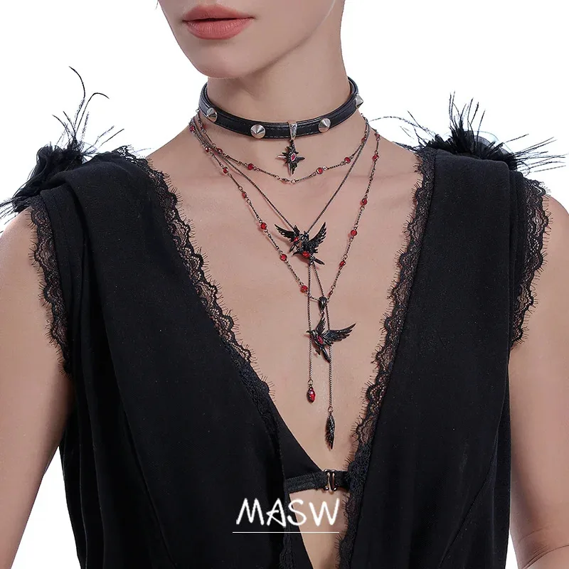 MASW 오리지널 디자인 힙합 쿨 핫 걸 스타일 레드 크리스탈 블랙 버드 목걸이 여성 파티 선물 현대 보석 액세서리
