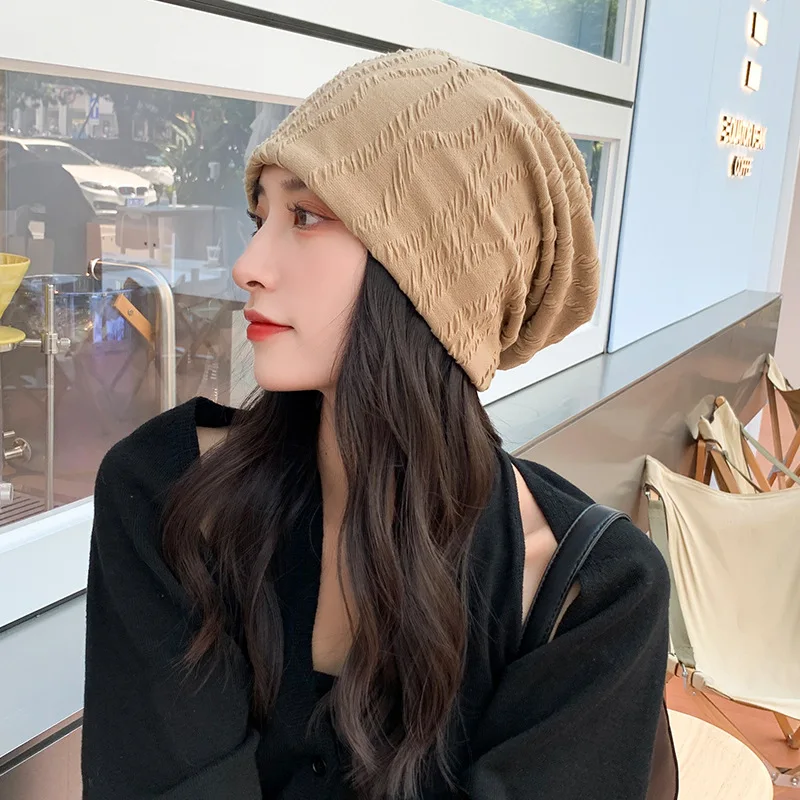 

New Knitted Hat for Women, Summer Thin Slouchy Hat, Pleated Striped Pullover Hat, Korean Style Postpartum Hat, Head Wrap Cold Ha
