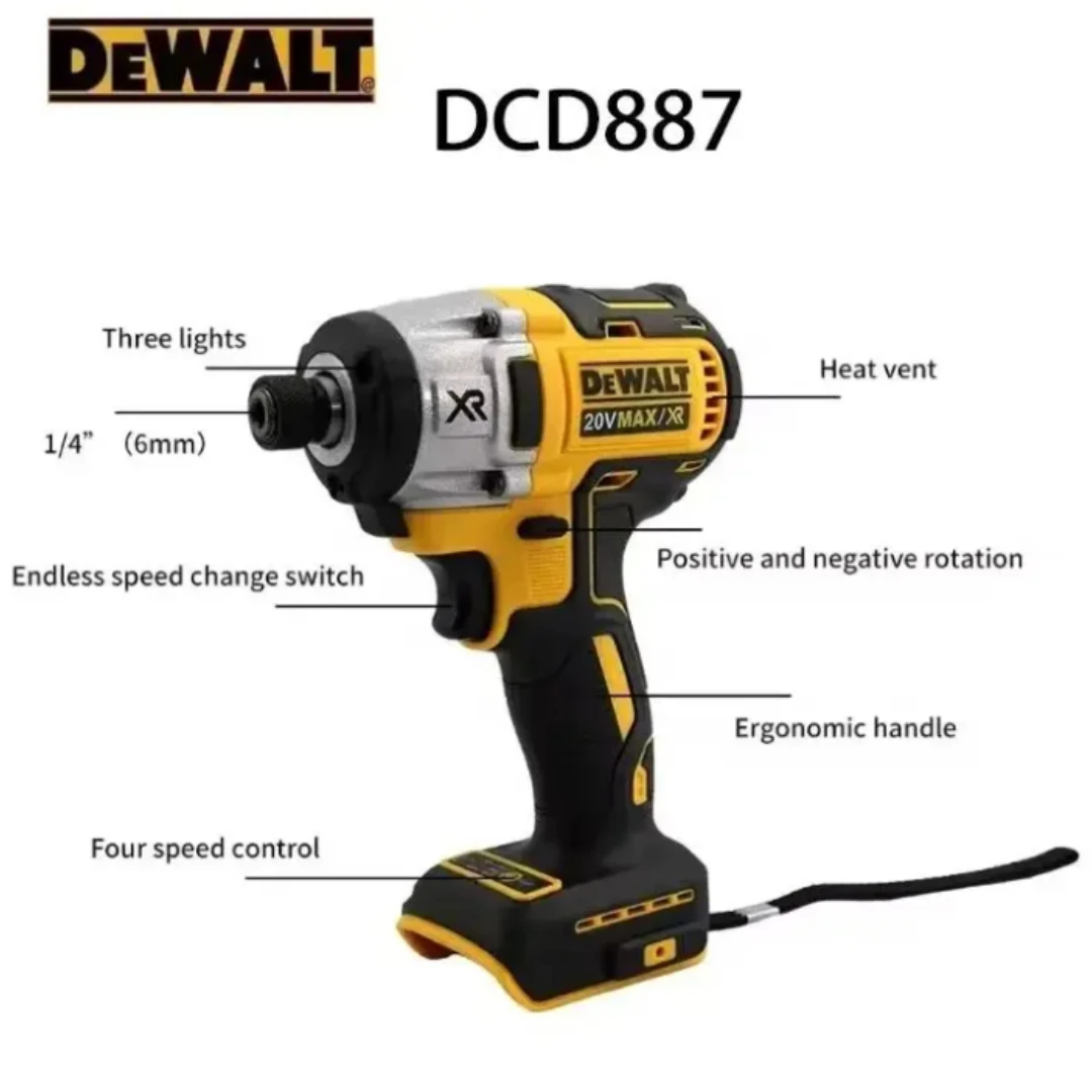 Dewalt DCD887 elektrische klopboormachine, elektrische schroevendraaier, 3250 RPM snelheid, 3800 IPM, borstelloze motor 1/4, elektrisch gereedschap, eenvoudig te bedienen
