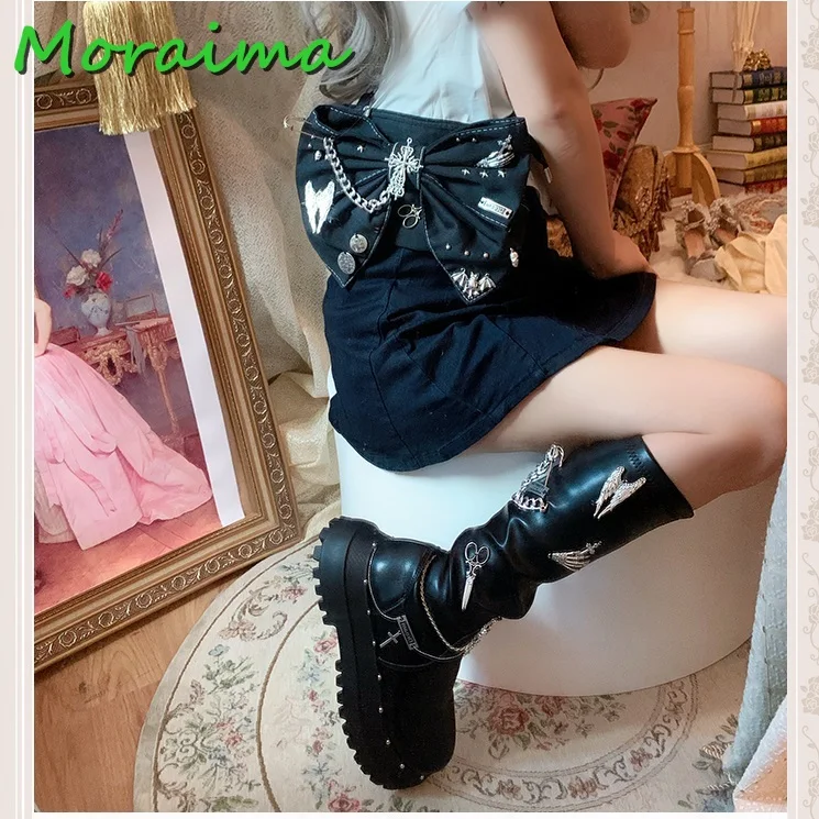 Chain Metal Decor Knee High Boots Round Toe Thick Bottom Side Zipper Leather Black Solid WInter Cool Women Shoes Fashion 2023